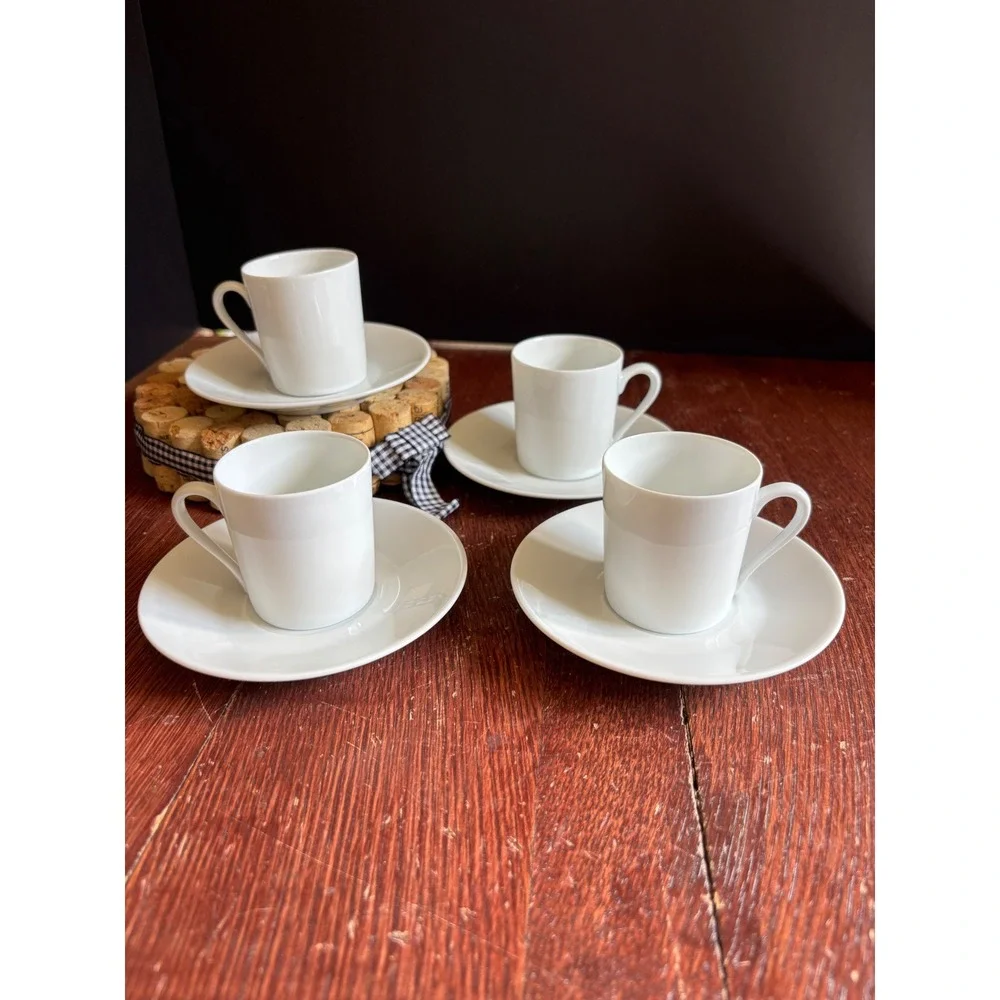 Apilco France White Porcelain Espresso Cup and Saucer Set of 4 Demitasse
